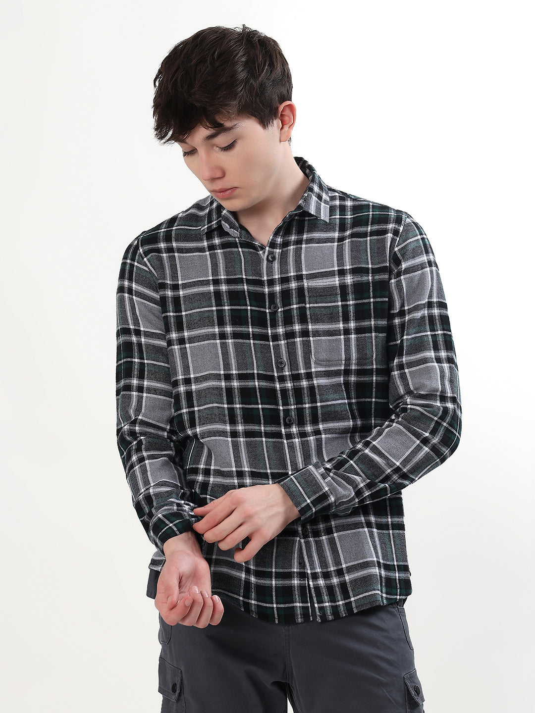 CHARCOAL GREY, GREEN & BLACK PLAID