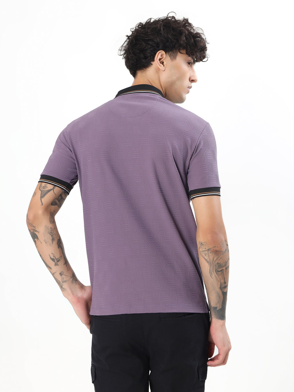 GEOMETRIC TEXTURED TIPPED POLO T-SHIRT - Dusty Purple