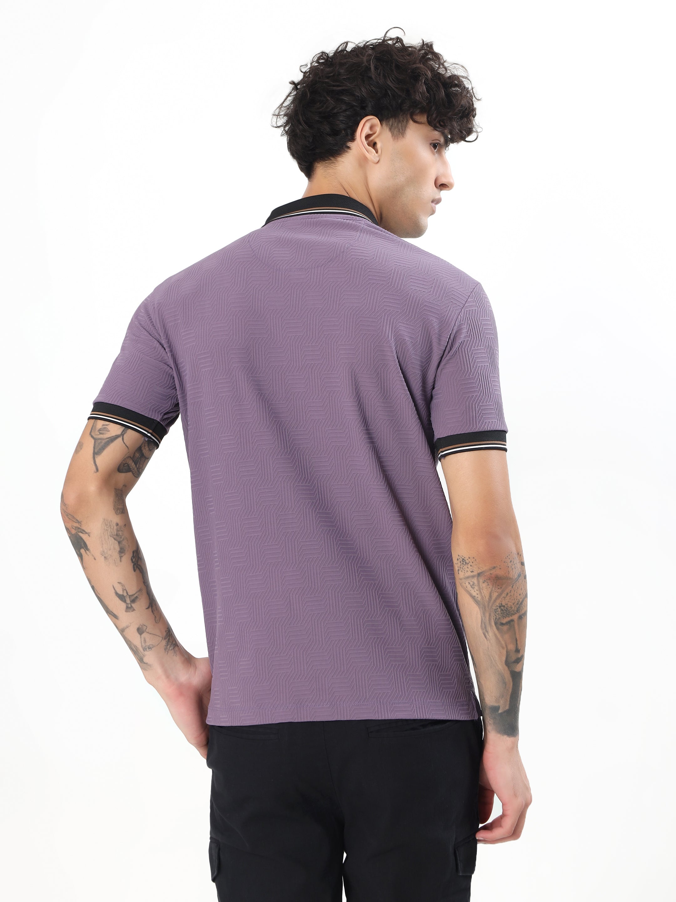GEOMETRIC TEXTURED TIPPED POLO T-SHIRT - Dusty Purple