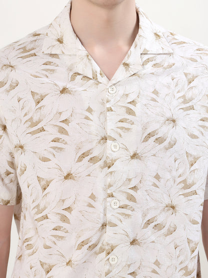 IVORY & SAND BEIGE TROPICAL FLORAL HALF SLEEVE RESORT SHIRT