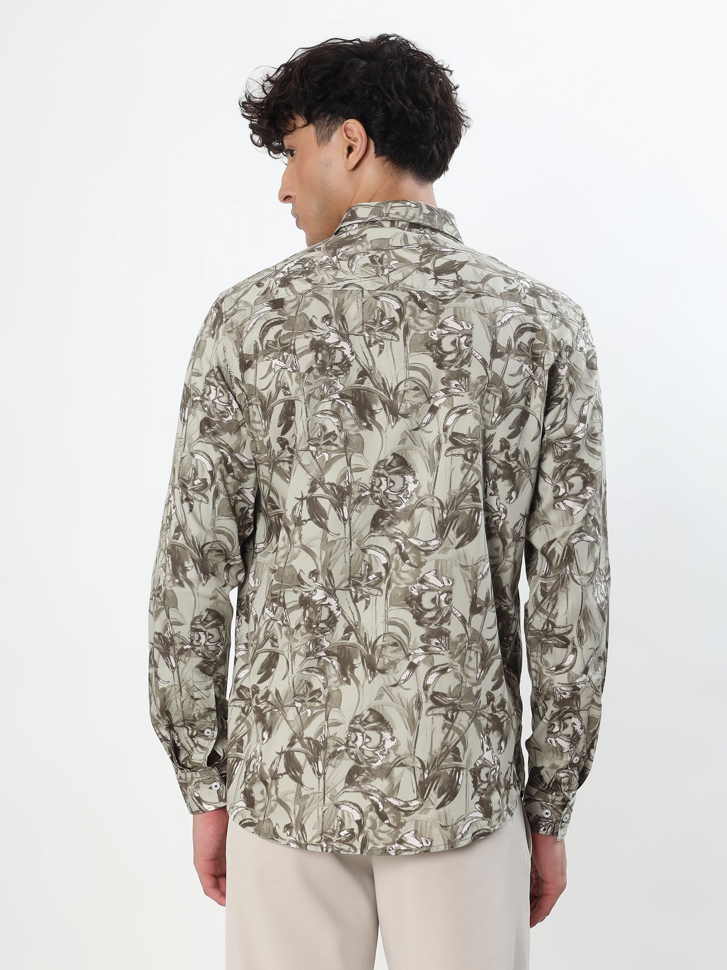 OLIVE GREEN AND KHAKI ABSTRACT TROPICAL CASUAL SHIRT
