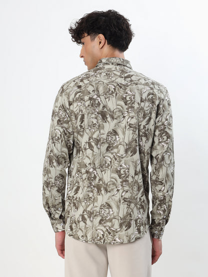OLIVE GREEN AND KHAKI ABSTRACT TROPICAL CASUAL SHIRT