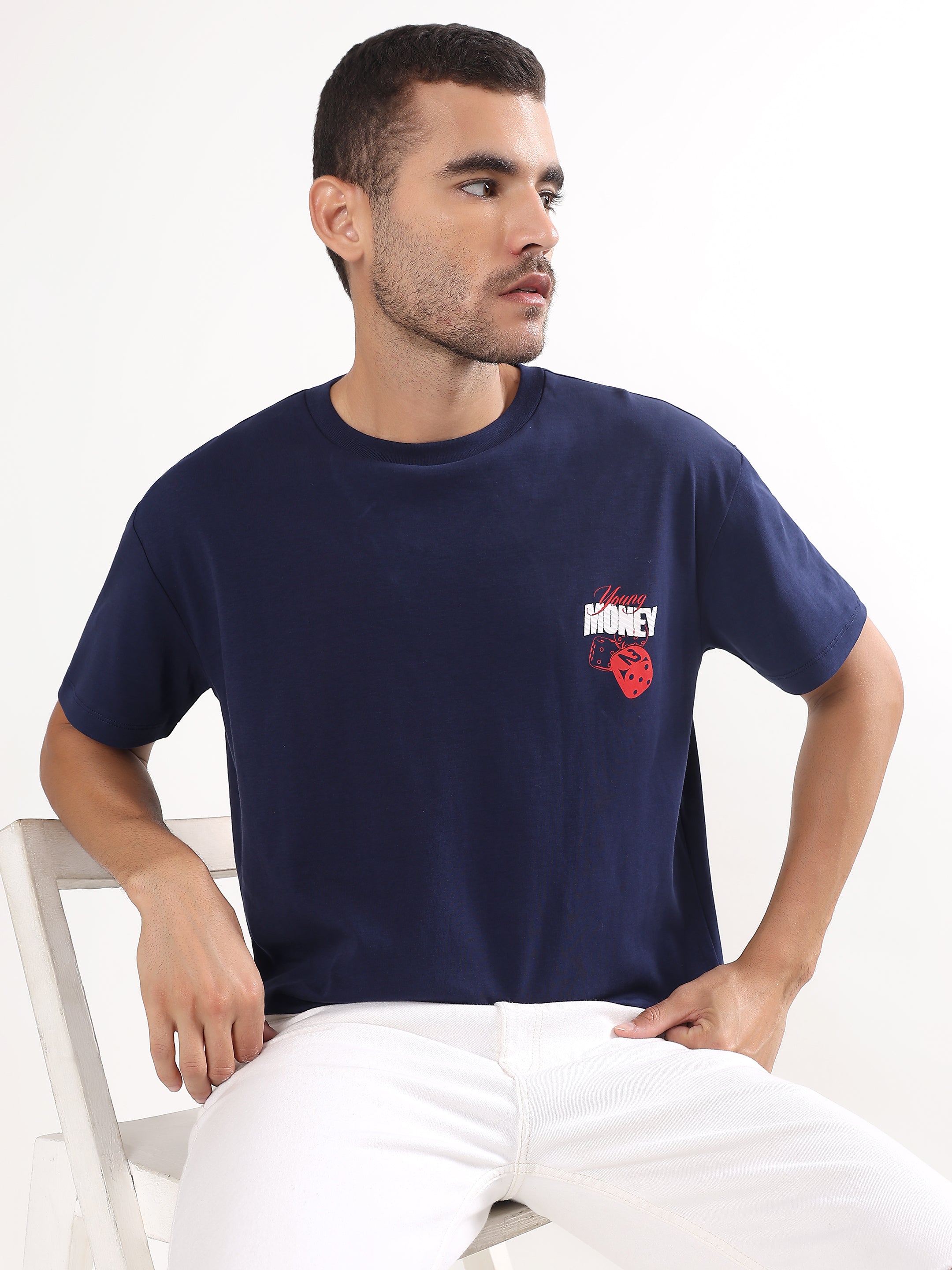 NAVY BLUE GRAPHIC OVERSIZED T-SHIRT