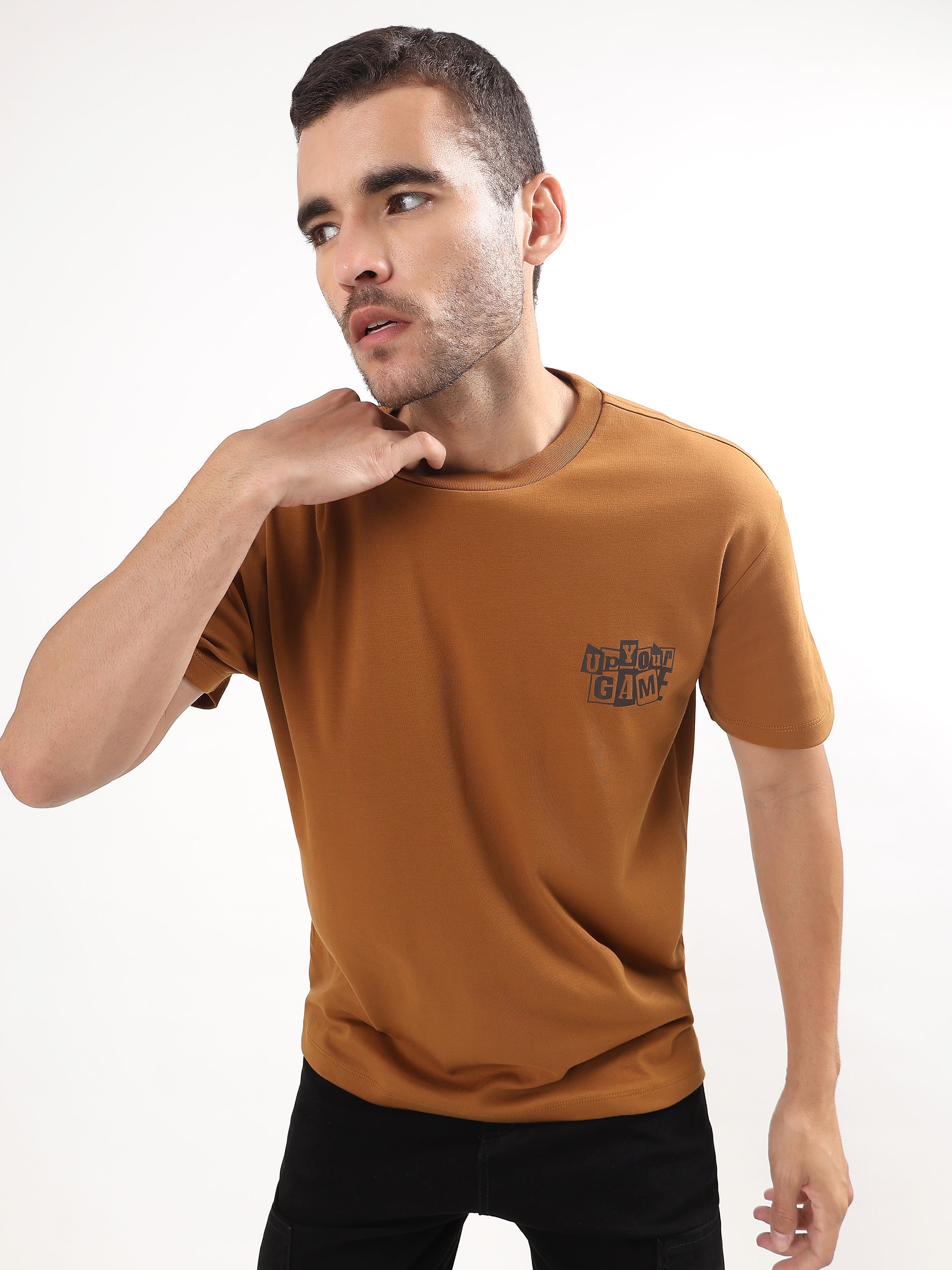 MUSTARD BROWN OVERSIZED PRINTED T-SHIRT