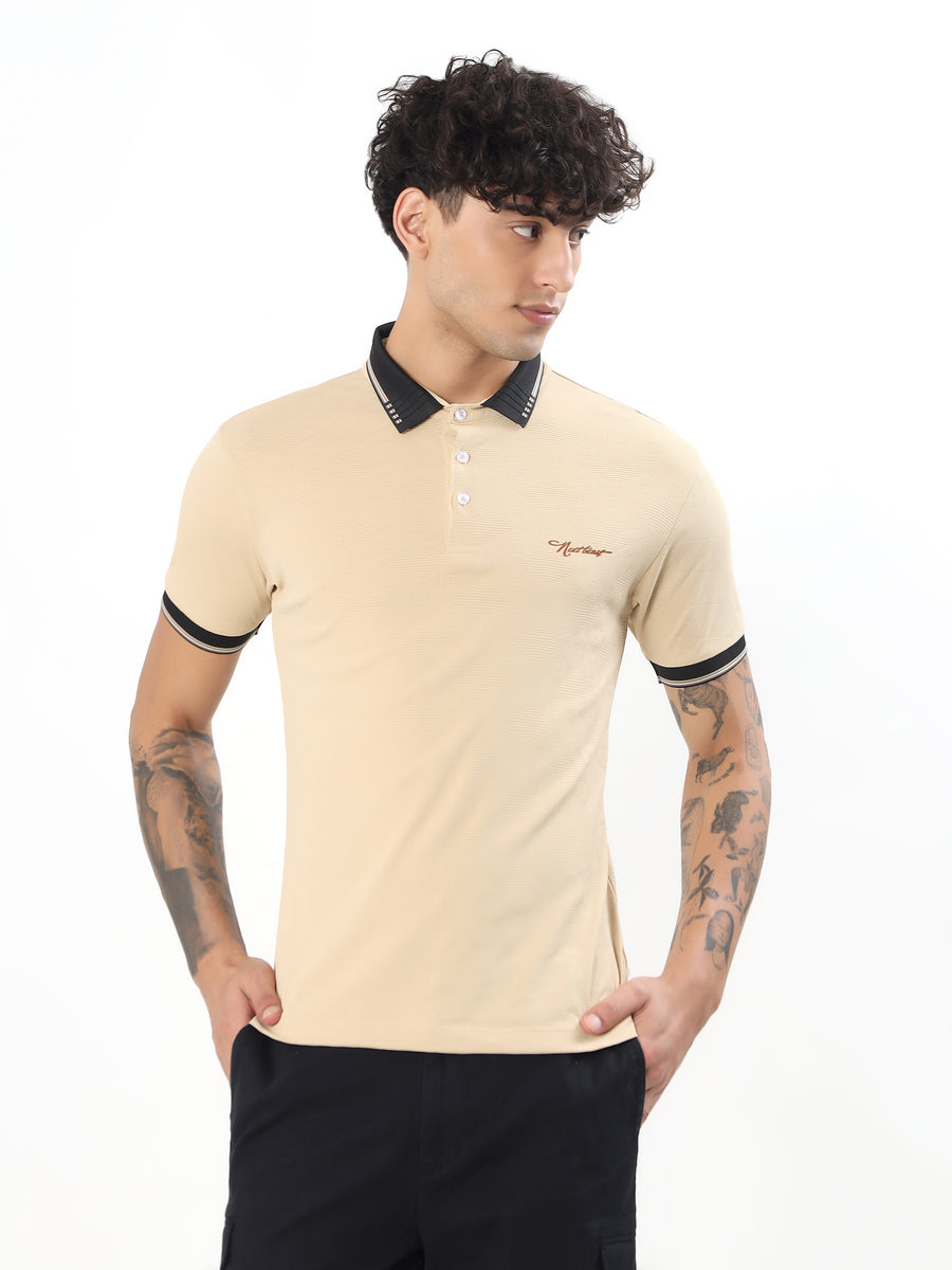 SUBTLE TEXTURED CONTRAST COLLAR POLO T-SHIRT - CREAM