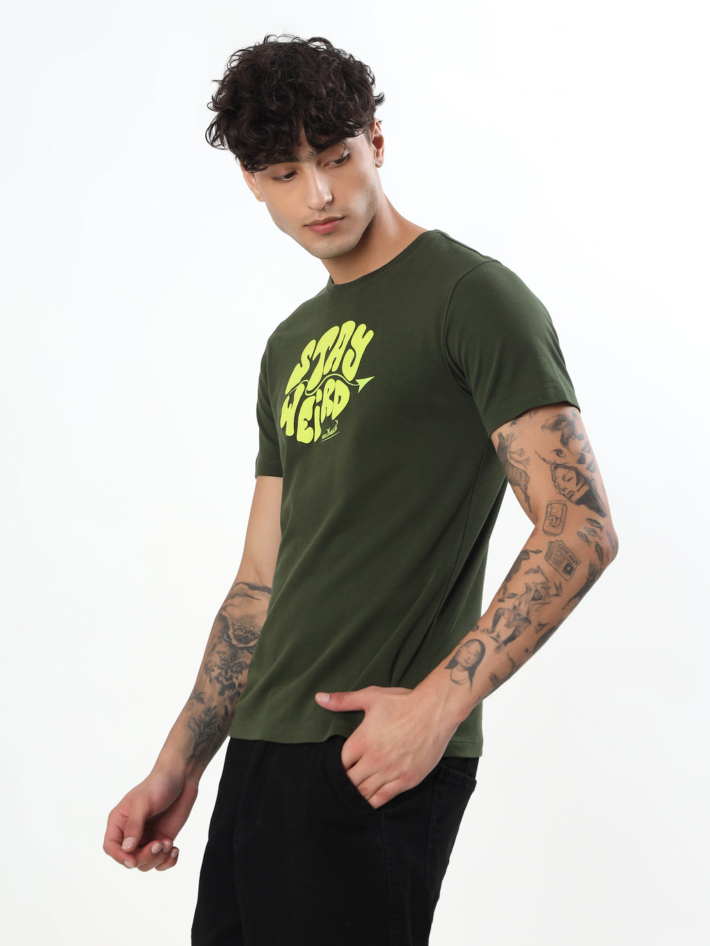 OLIVE GREEN STAY WEIRD TYPOGRAPHY GRAPHIC T-SHIRT