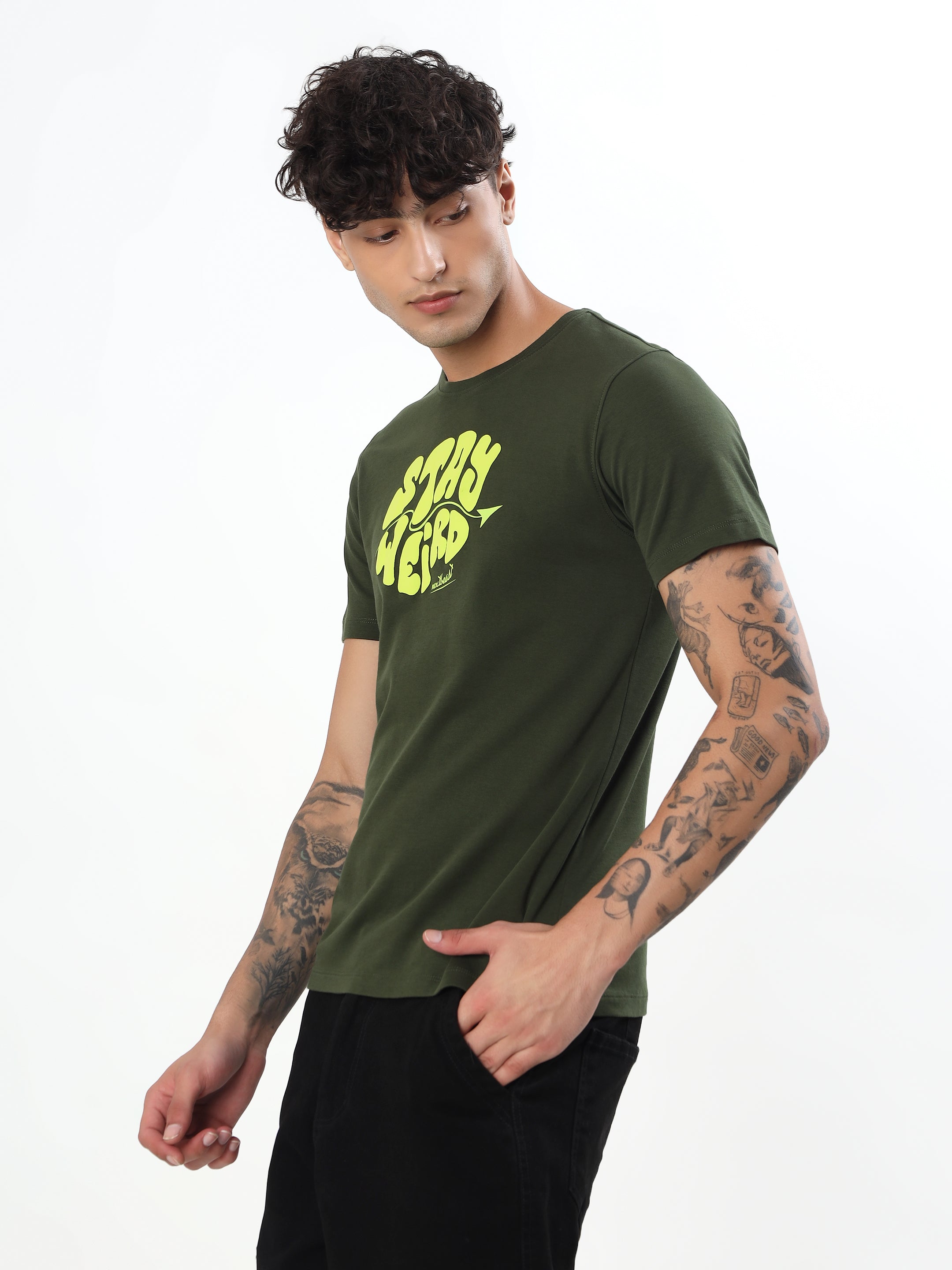 OLIVE GREEN STAY WEIRD TYPOGRAPHY GRAPHIC T-SHIRT