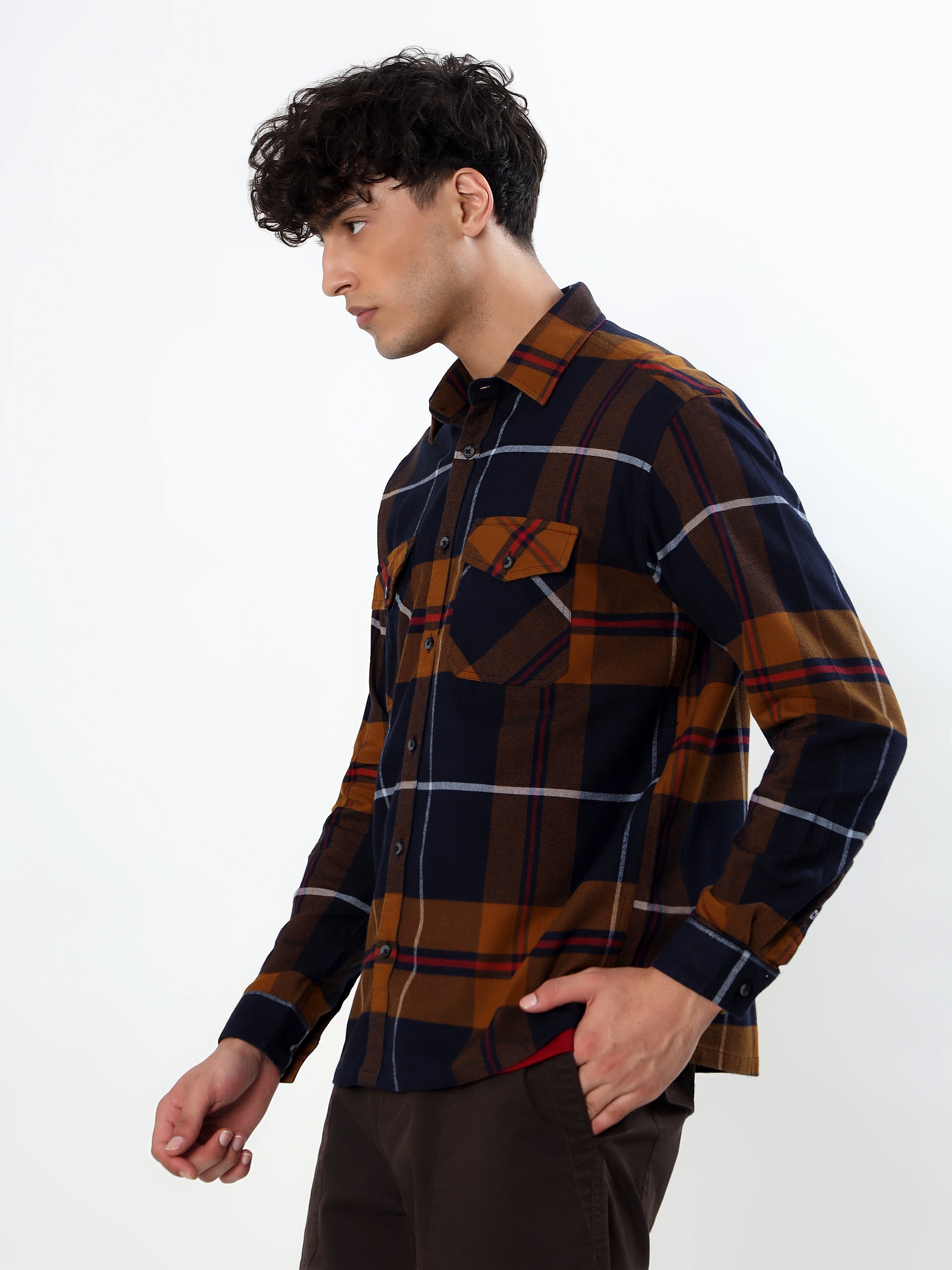 NAVY BLUE AND MUSTARD TARTAN