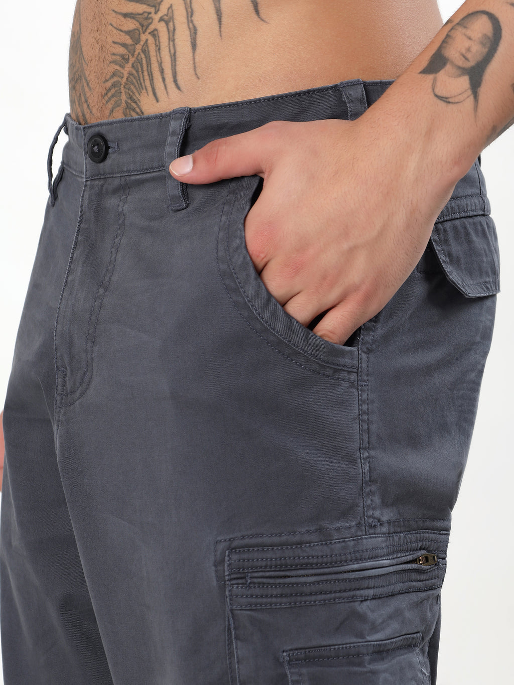 MEN DARK GREY MULTI-POCKET CARGO PANTS