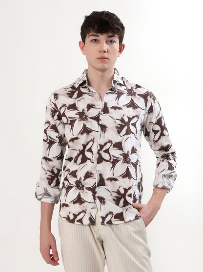 IVORY & MOCHA BROWN FLORAL PRINT FULL SLEEVE SHIRT