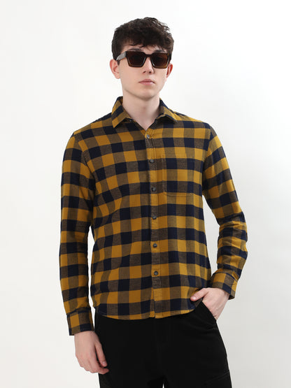 MUSTARD YELLOW AND BLACK BUFFALO CHECKED CASUAL SHIRT