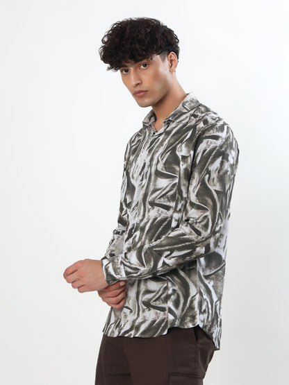 CHARCOAL GREY AND OFF-WHITE ABSTRACT BRUSHSTROKE CASUAL SHIRT