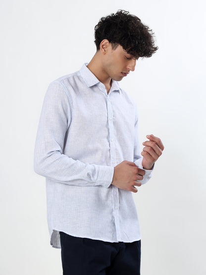 WHITE AND ICE BLUE TEXTURED PINSTRIPES FULL SLEEVE LINEN BLEND SHIRT