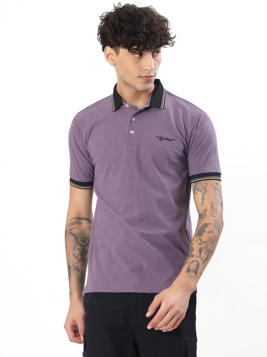 GEOMETRIC TEXTURED TIPPED POLO T-SHIRT - Dusty Purple