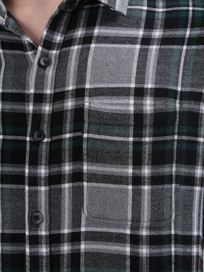 CHARCOAL GREY, GREEN & BLACK PLAID CHECK FULL SLEEVE SHIRT