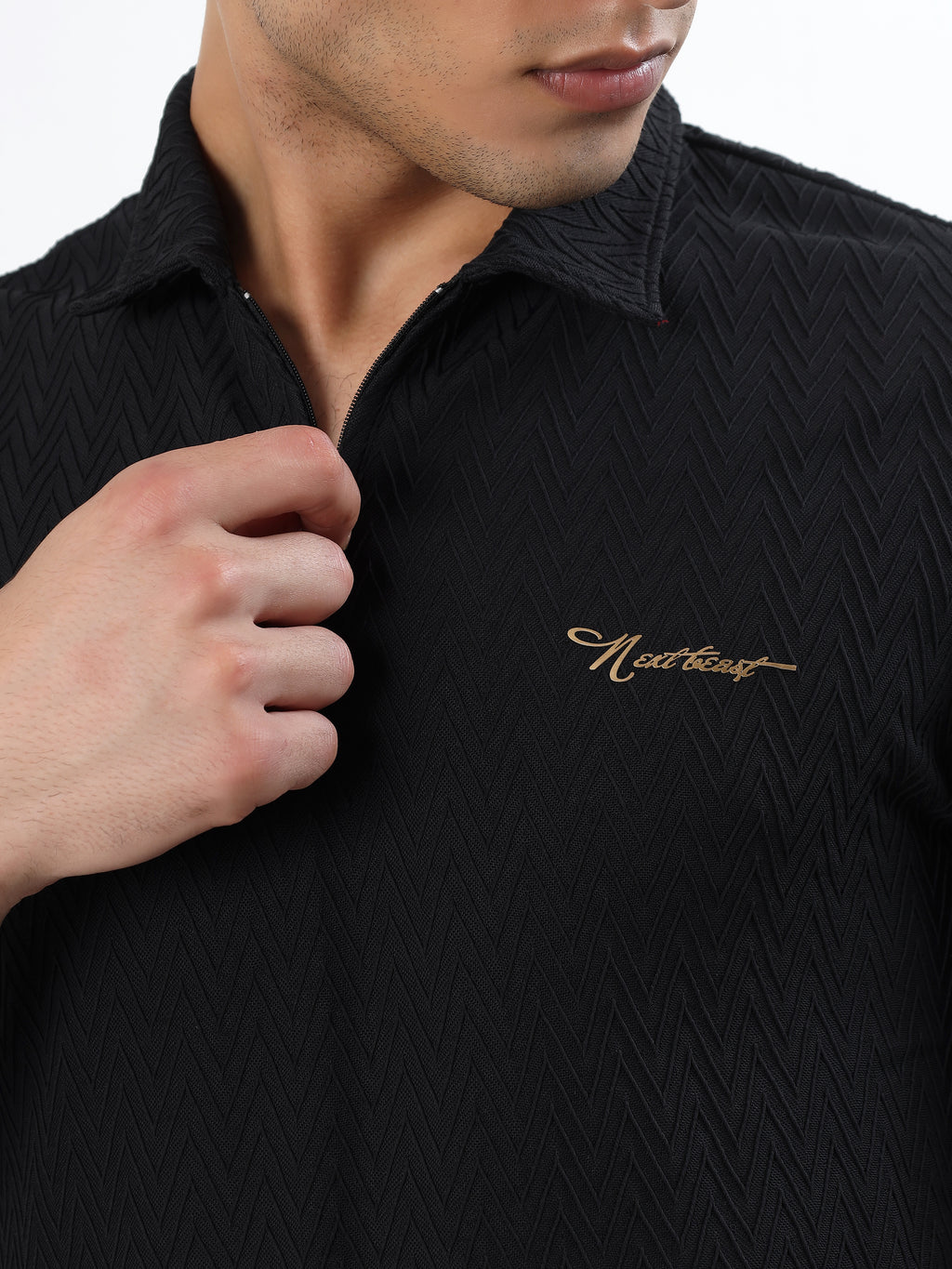 BLACK TEXTURED ZIP POLO T-SHIRT