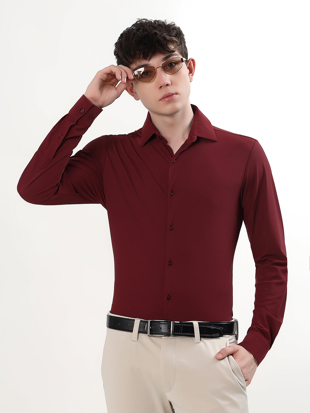 BURGUNDY PREMIUM STRETCH KNIT / NYLON-SPANDEX BLEND FULL SLEEVE SLIM FIT SHIRT