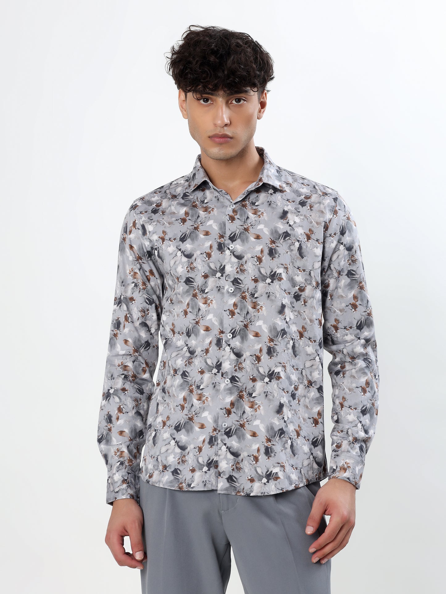 GREY AND TAN ABSTRACT SMUDGE PRINT CASUAL SHIRT