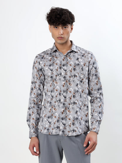 GREY AND TAN ABSTRACT SMUDGE PRINT CASUAL SHIRT