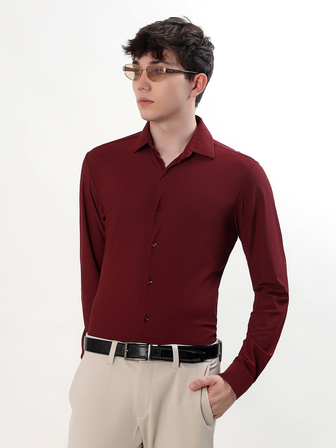 BURGUNDY PREMIUM STRETCH KNIT / NYLON-SPANDEX BLEND FULL SLEEVE SLIM FIT SHIRT