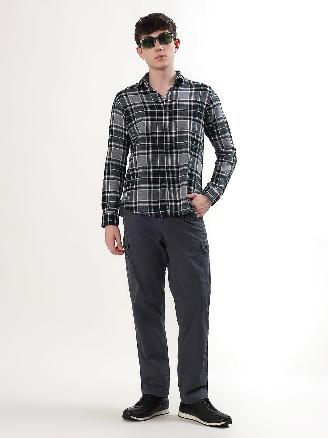 CHARCOAL GREY, GREEN & BLACK PLAID