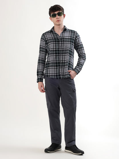 CHARCOAL GREY, GREEN & BLACK PLAID CHECK FULL SLEEVE SHIRT