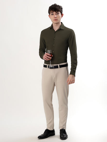 OLIVE GREEN PREMIUM STRETCH KNIT / NYLON-SPANDEX BLEND FULL SLEEVE SLIM FIT SHIRT