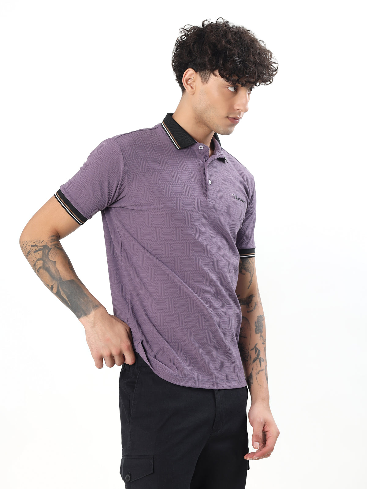 GEOMETRIC TEXTURED TIPPED POLO T-SHIRT - Dusty Purple