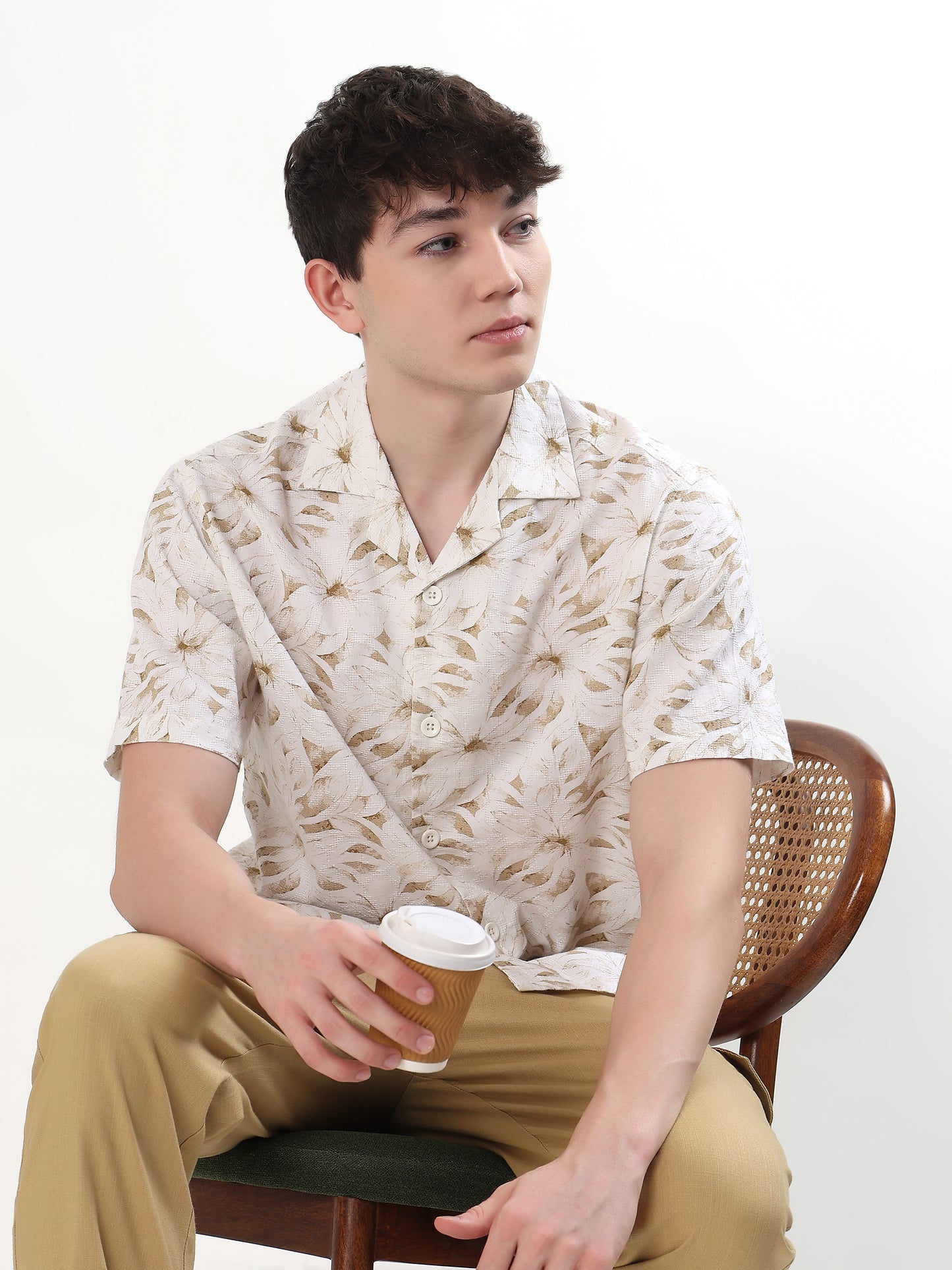 IVORY & SAND BEIGE TROPICAL FLORAL HALF SLEEVE RESORT SHIRT
