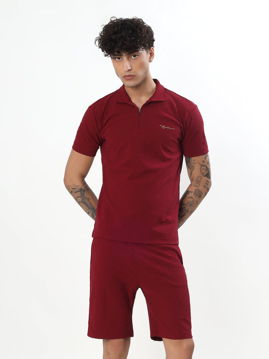 WINE RED JACQUARD POLO CO-ORD SET