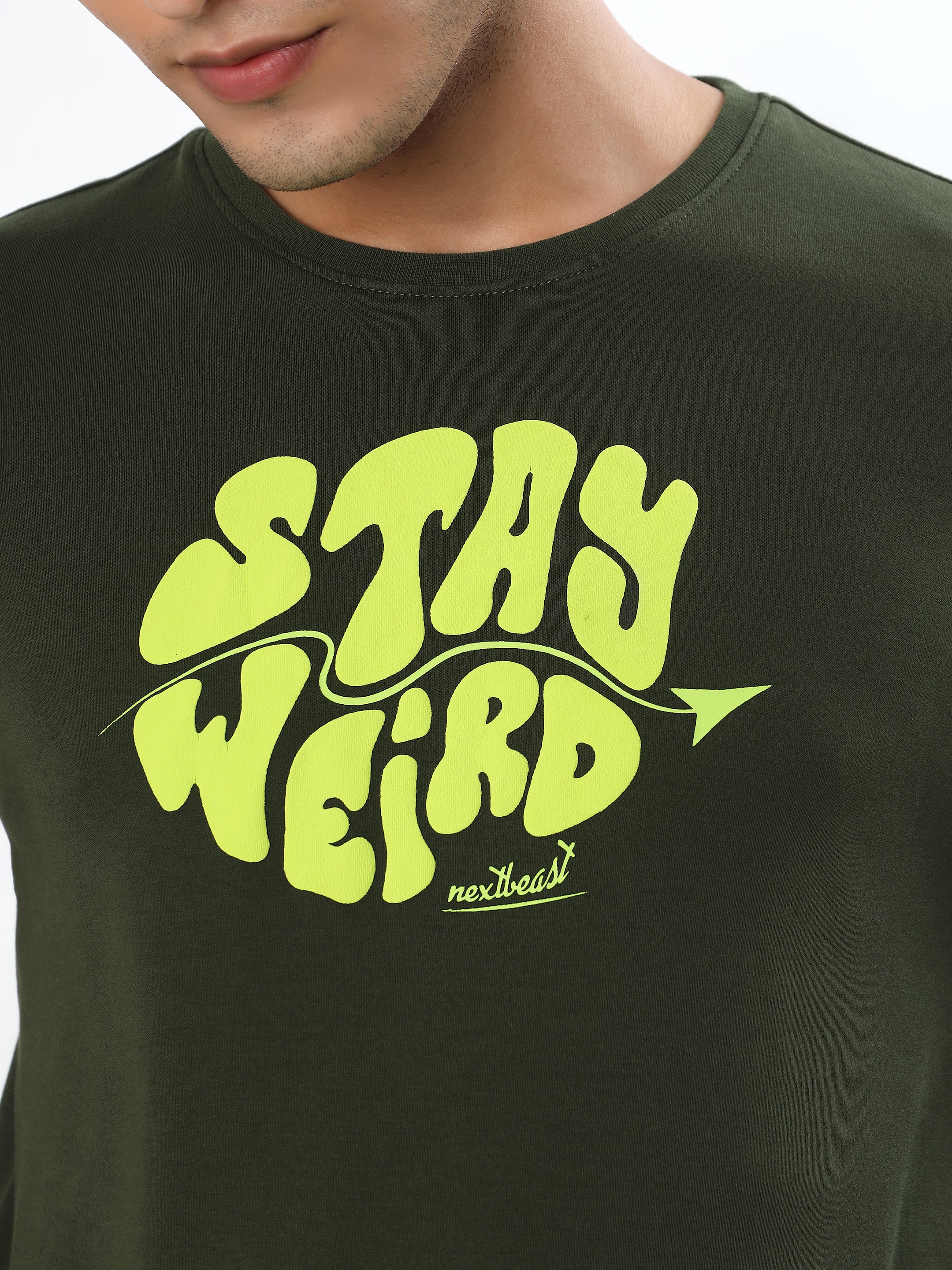 OLIVE GREEN STAY WEIRD TYPOGRAPHY GRAPHIC T-SHIRT