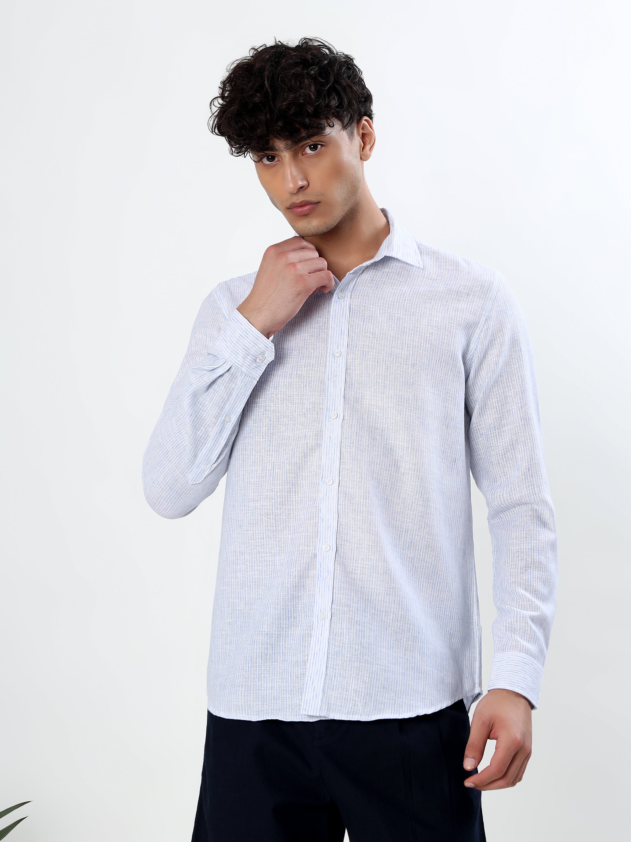 WHITE AND ICE BLUE TEXTURED PINSTRIPES