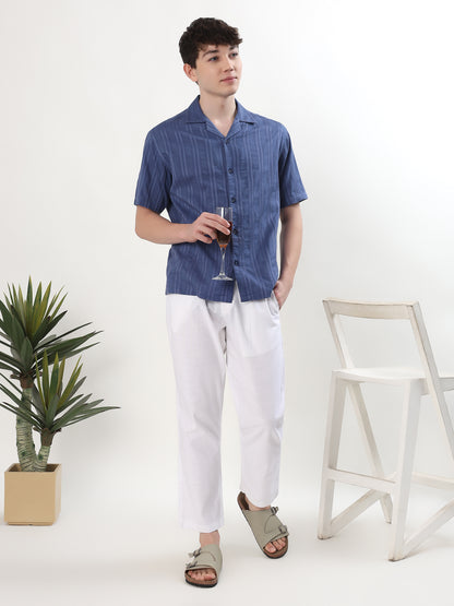 STEEL BLUE TEXTURED HALF SLEEVE RESORT SHIRT