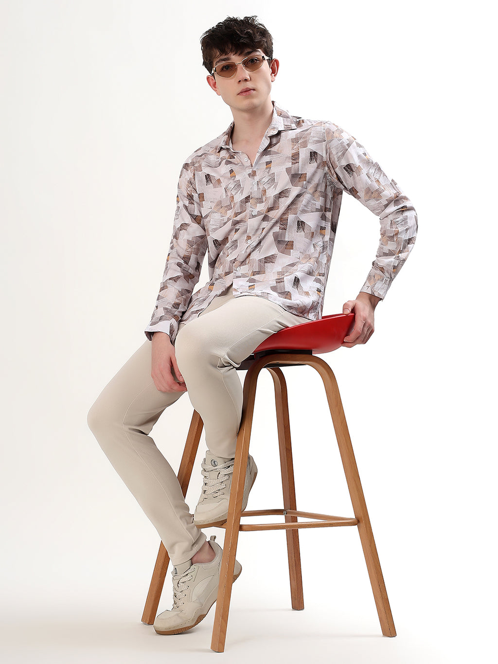 OFF-WHITE, BEIGE, TAUPE & BROWN ABSTRACT GEOMETRIC PRINT
