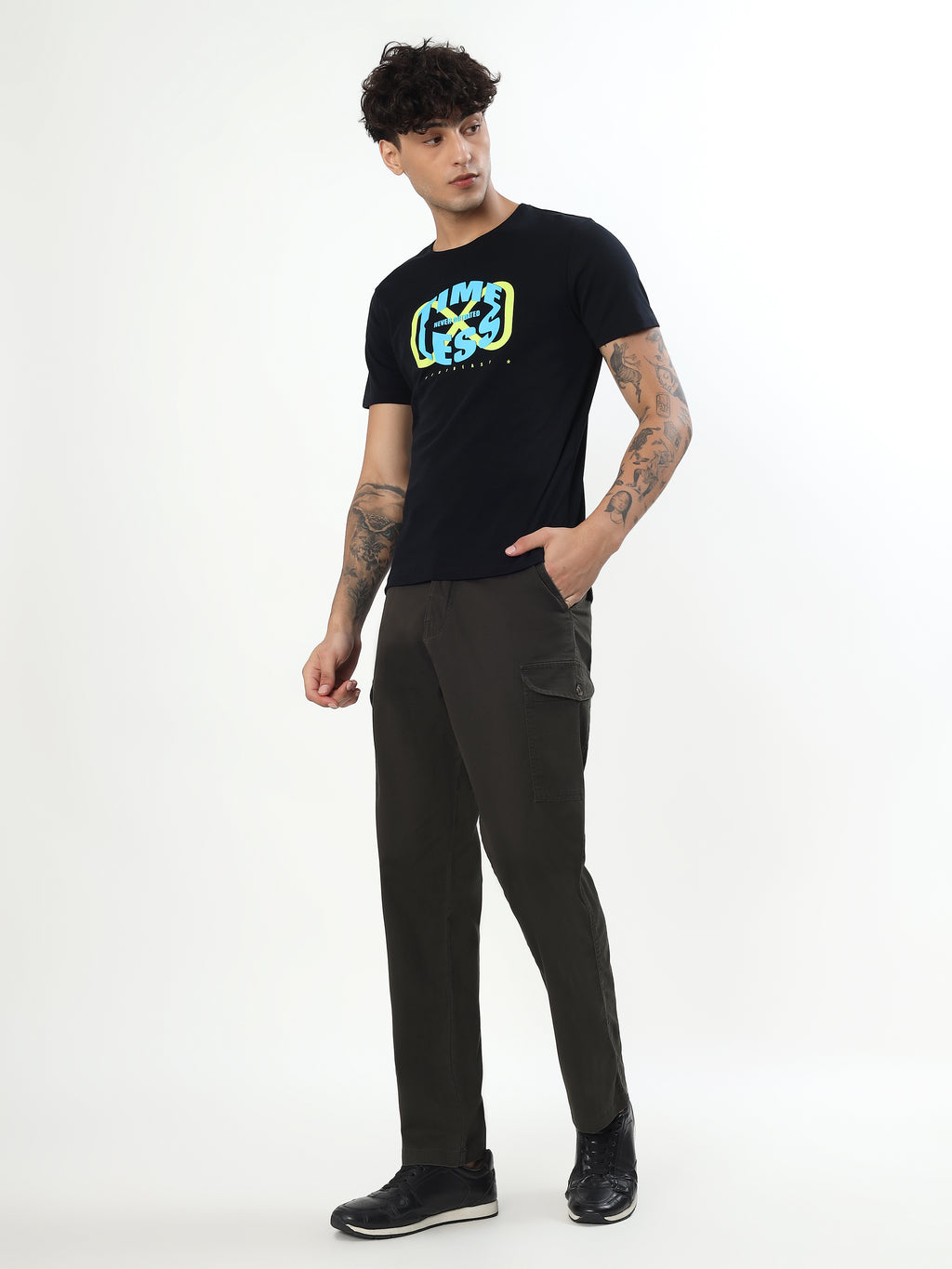 MEN OLIVE GREEN FIT FLAT-FRONT CARGO PANTS
