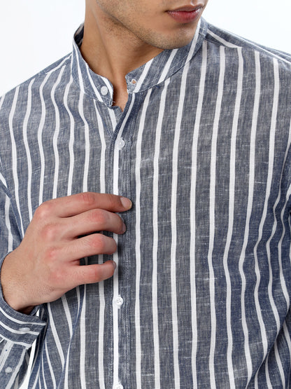 BLUE AND WHITE STRIPED MANDARIN COLLAR CASUAL SHIRT