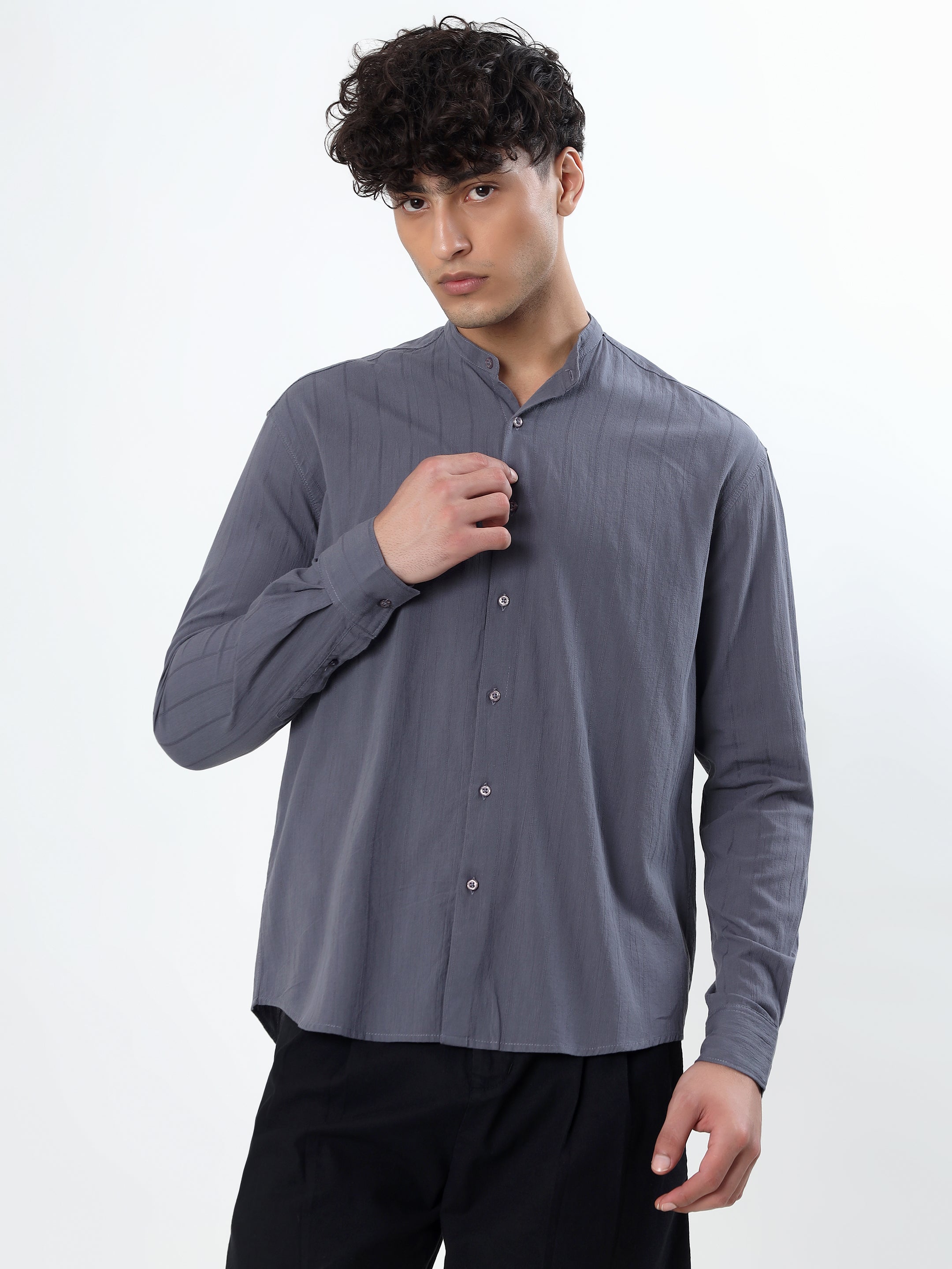 SEERSUCKER MANDARIN COLLAR GREY