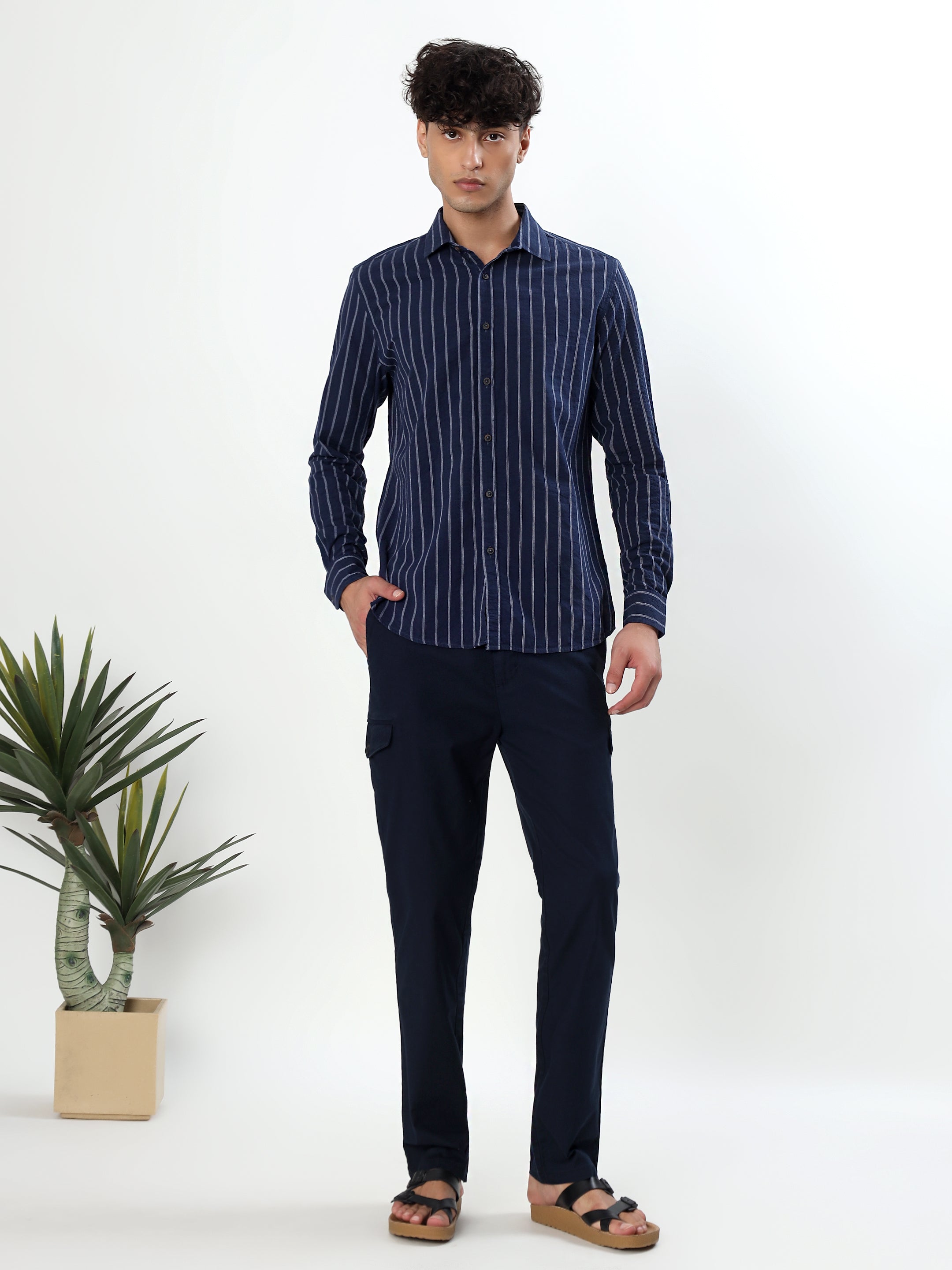 NAVY BLUE AND WHITE VERTICAL PINSTRIPED