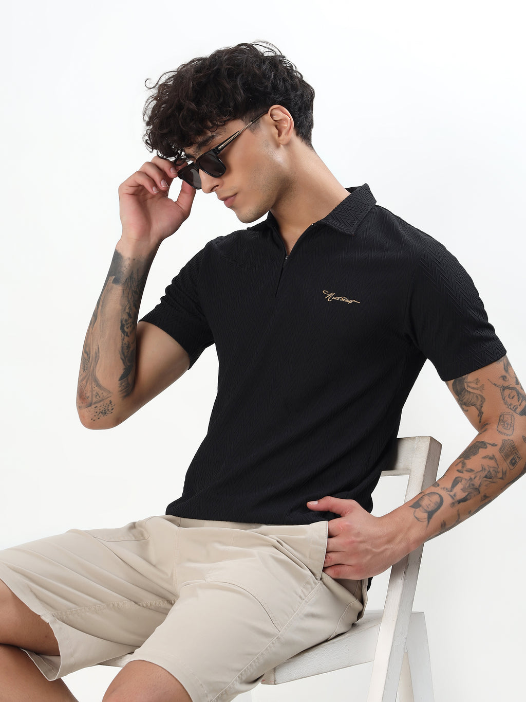 BLACK TEXTURED ZIP POLO T-SHIRT