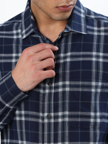 NAVY BLUE AND WHITE TARTAN GLEN CHECKED CASUAL SHIRT