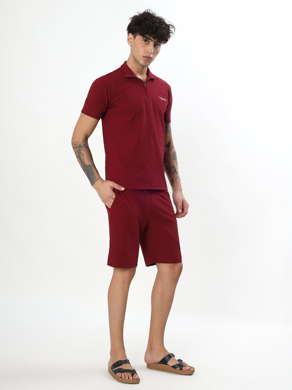 WINE RED JACQUARD POLO CO-ORD SET