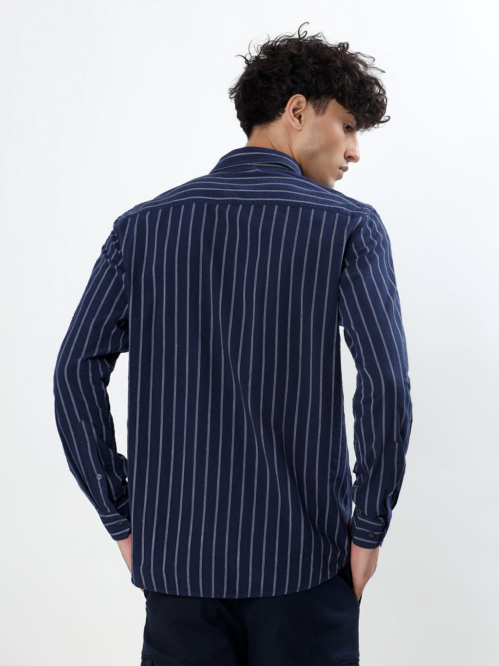 NAVY BLUE AND WHITE VERTICAL PINSTRIPED