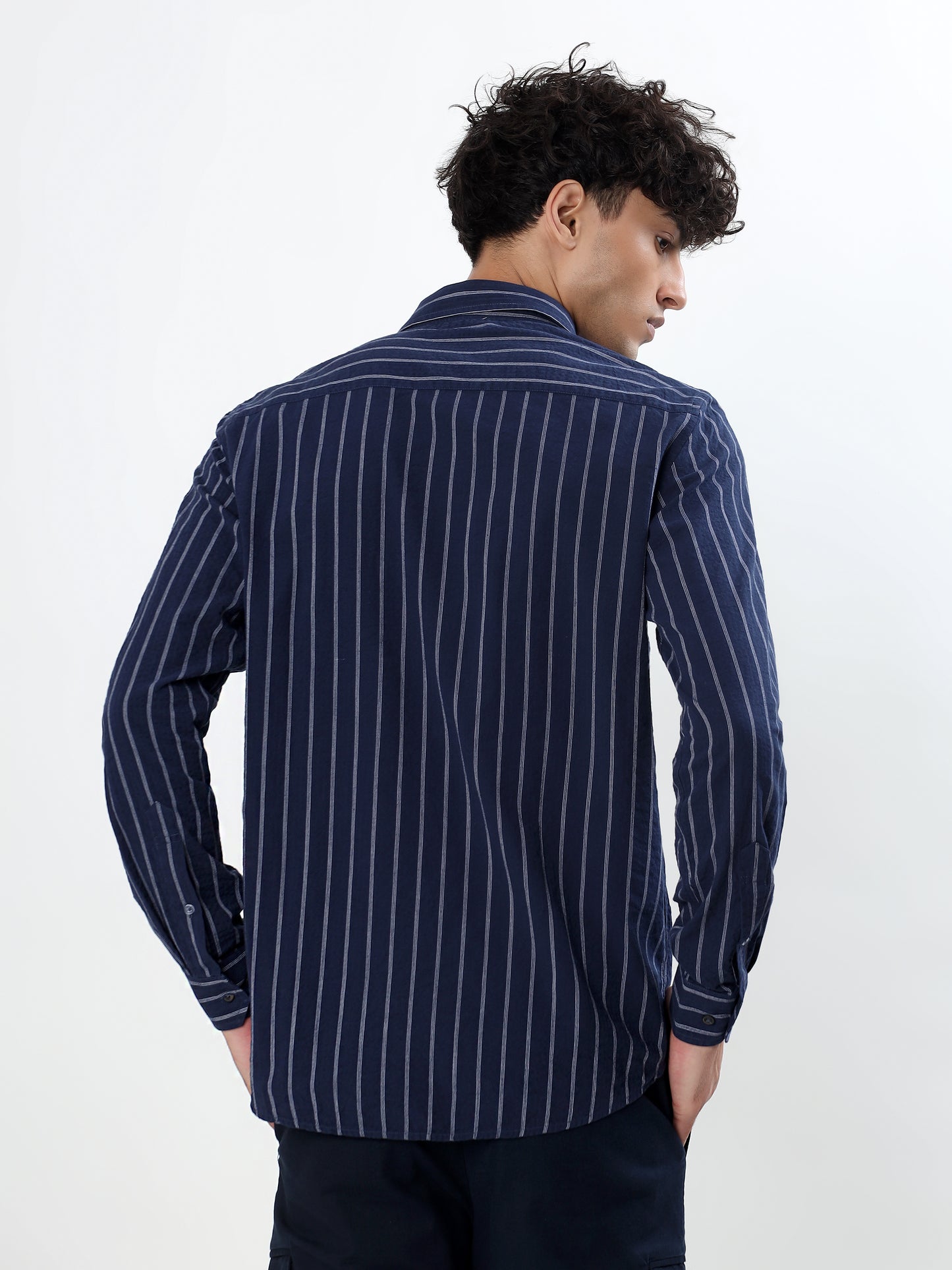 NAVY BLUE AND WHITE VERTICAL PINSTRIPED CASUAL SHIRT