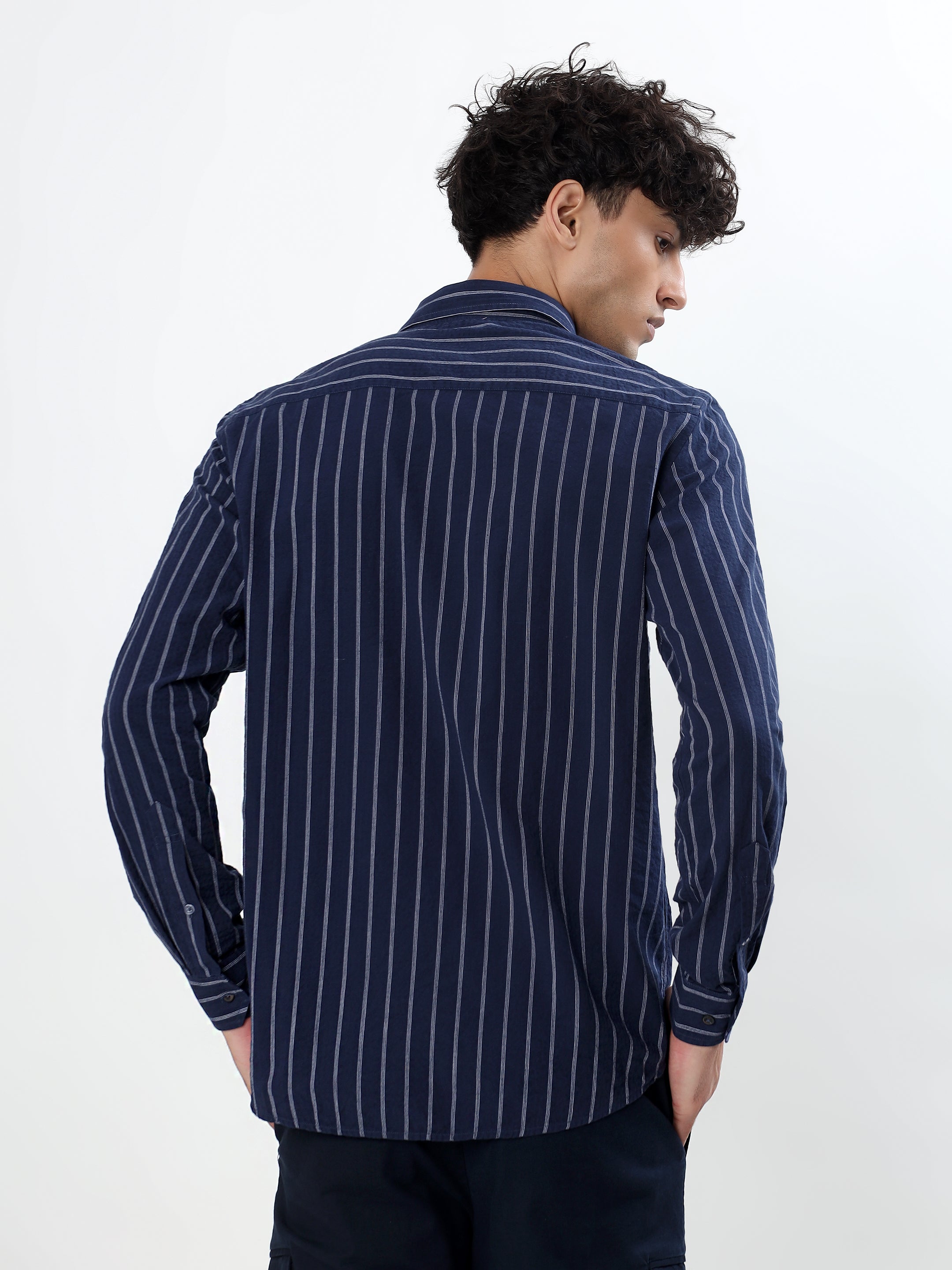 NAVY BLUE AND WHITE VERTICAL PINSTRIPED