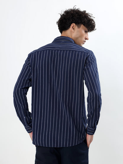 NAVY BLUE AND WHITE VERTICAL PINSTRIPED CASUAL SHIRT