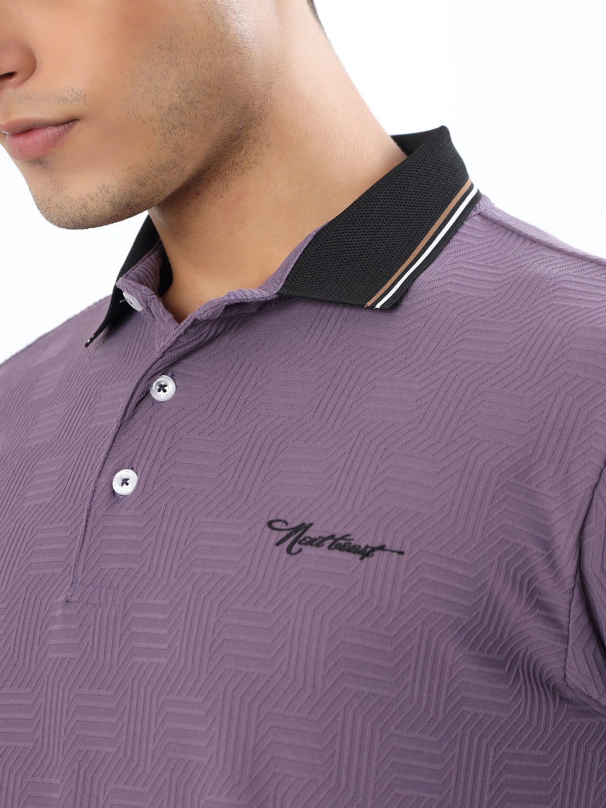 GEOMETRIC TEXTURED TIPPED POLO T-SHIRT - Dusty Purple