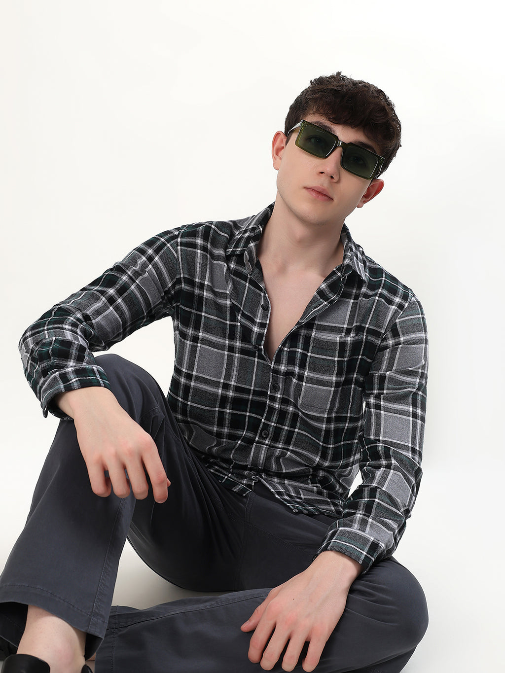 CHARCOAL GREY, GREEN & BLACK PLAID