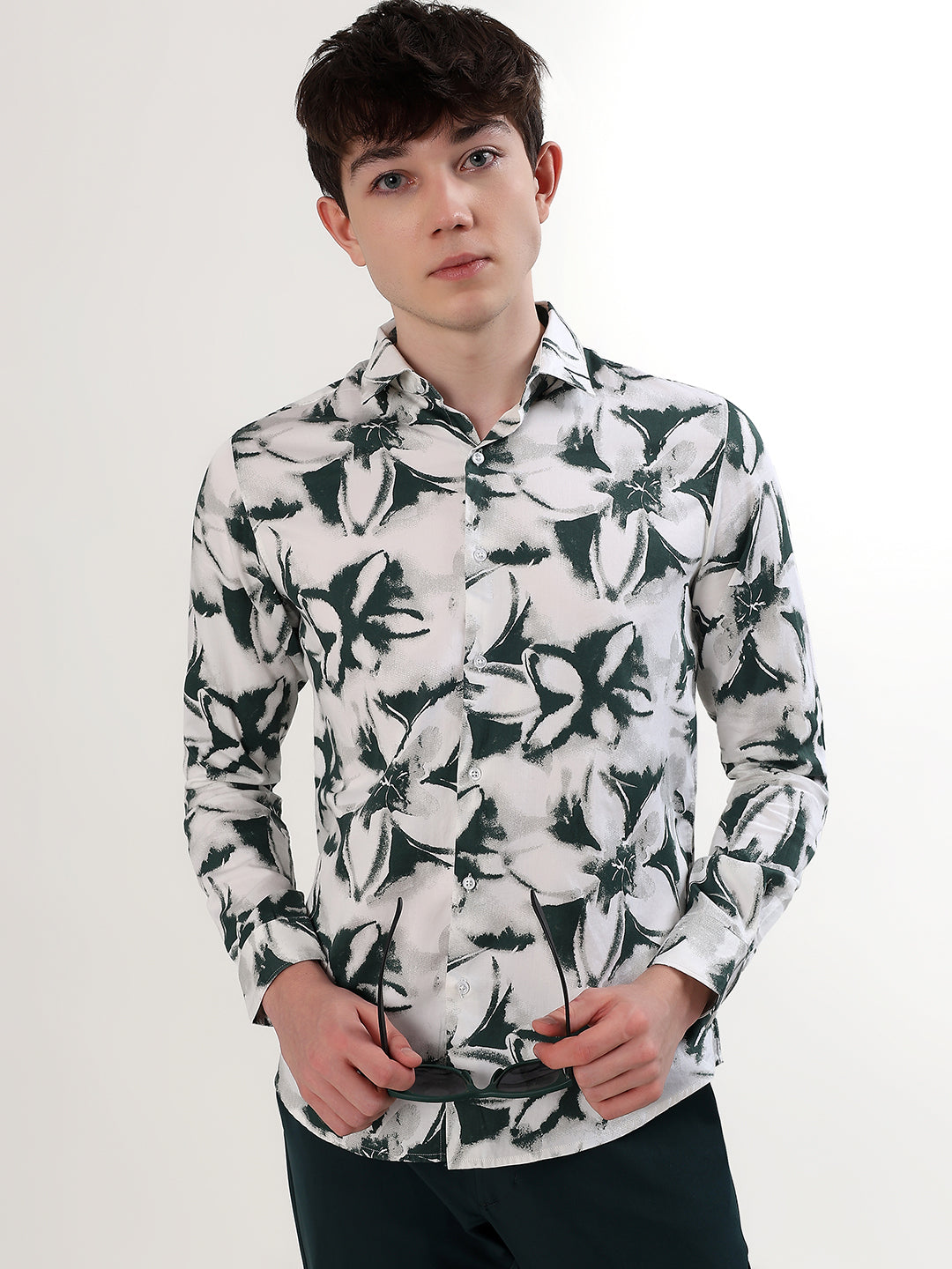WHITE & FOREST GREEN FLORAL PRINT