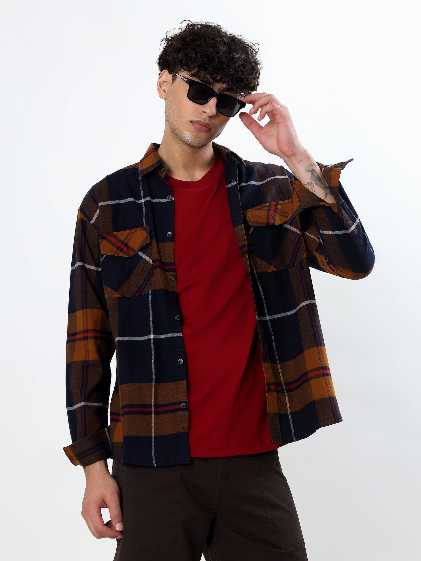 NAVY BLUE AND MUSTARD TARTAN CHECKED OVER-SHIRT