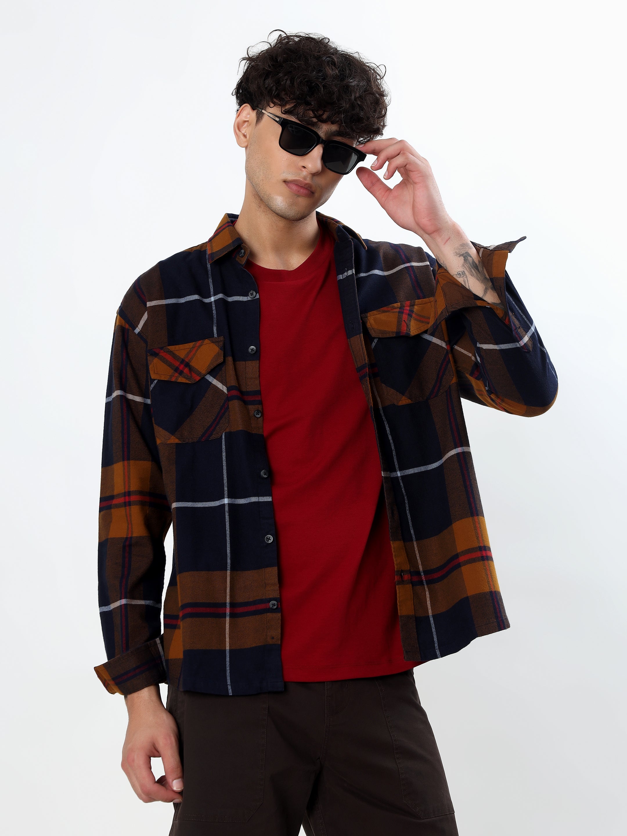 NAVY BLUE AND MUSTARD TARTAN